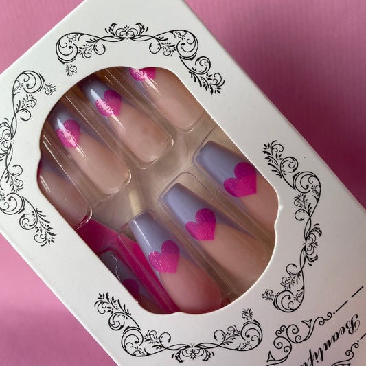 Press On Nails - Pinkish Hearts Purple Sweetness (Coffin)