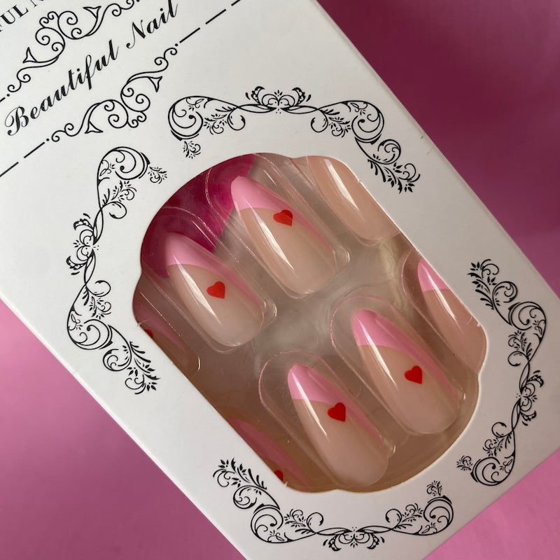 Press On Nails - Heart Cuteness Pink French (Almond)