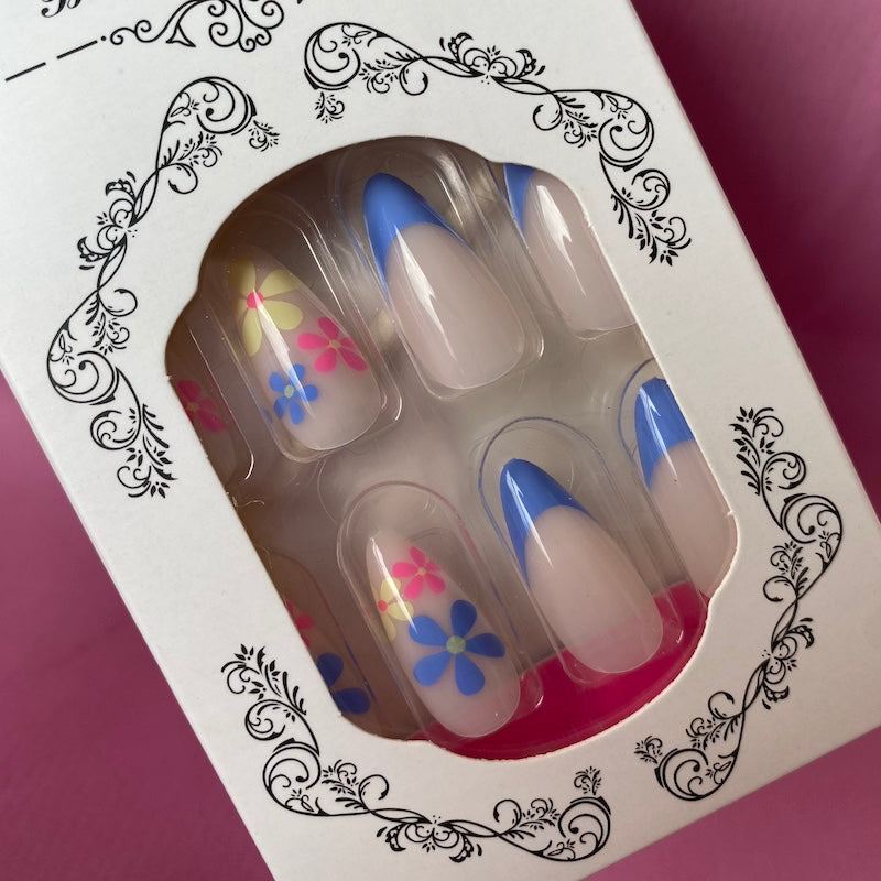 Press On Nails - Blue Pink Yellow Flower Power (Almond)