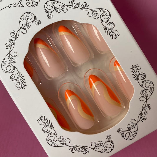 Press On Nails - Orange Yellowish Curves (Almond)